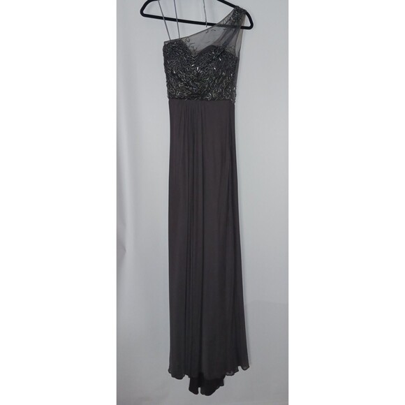 La Femme Dress Gunmetal Grey Beaded One Shoulder Mesh & Jersey Ball Gown Size 0